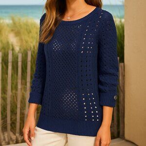 Lilly Pulitzer Anchor Detail Navy Open Knit Sweater‎ Size Small Resort Coastal